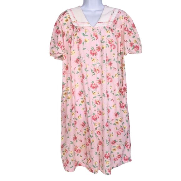 Vintage Womens Housecoat Size Small Pink Floral Short Sleeve Collared - Picture 1 of 8